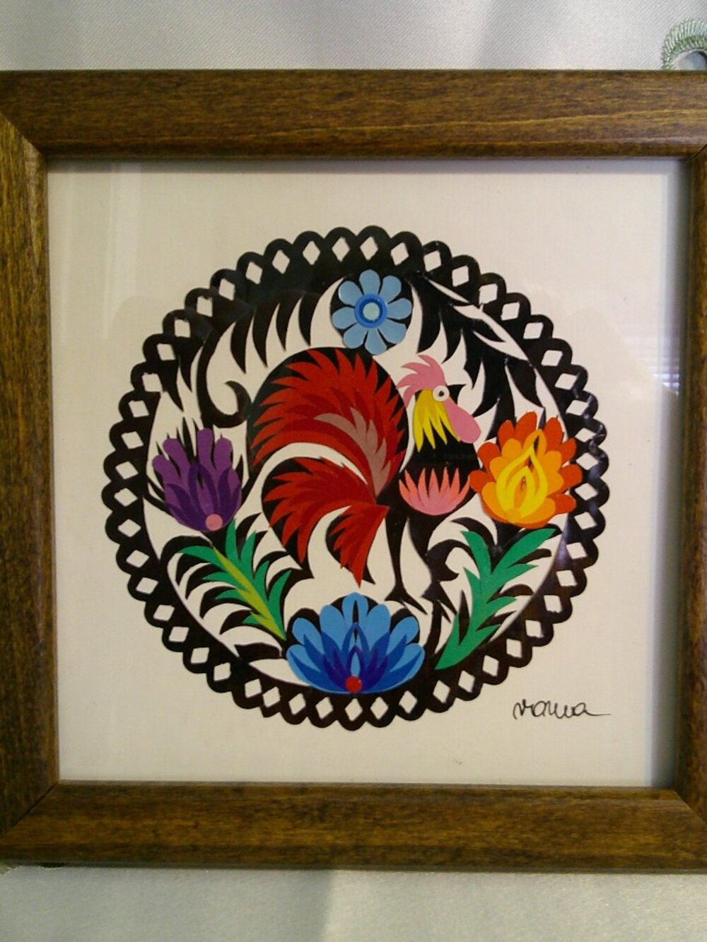 Roma’s Polish Paper Cut Outs Art Piece Colorful Rooster & Flowers Signed Framed